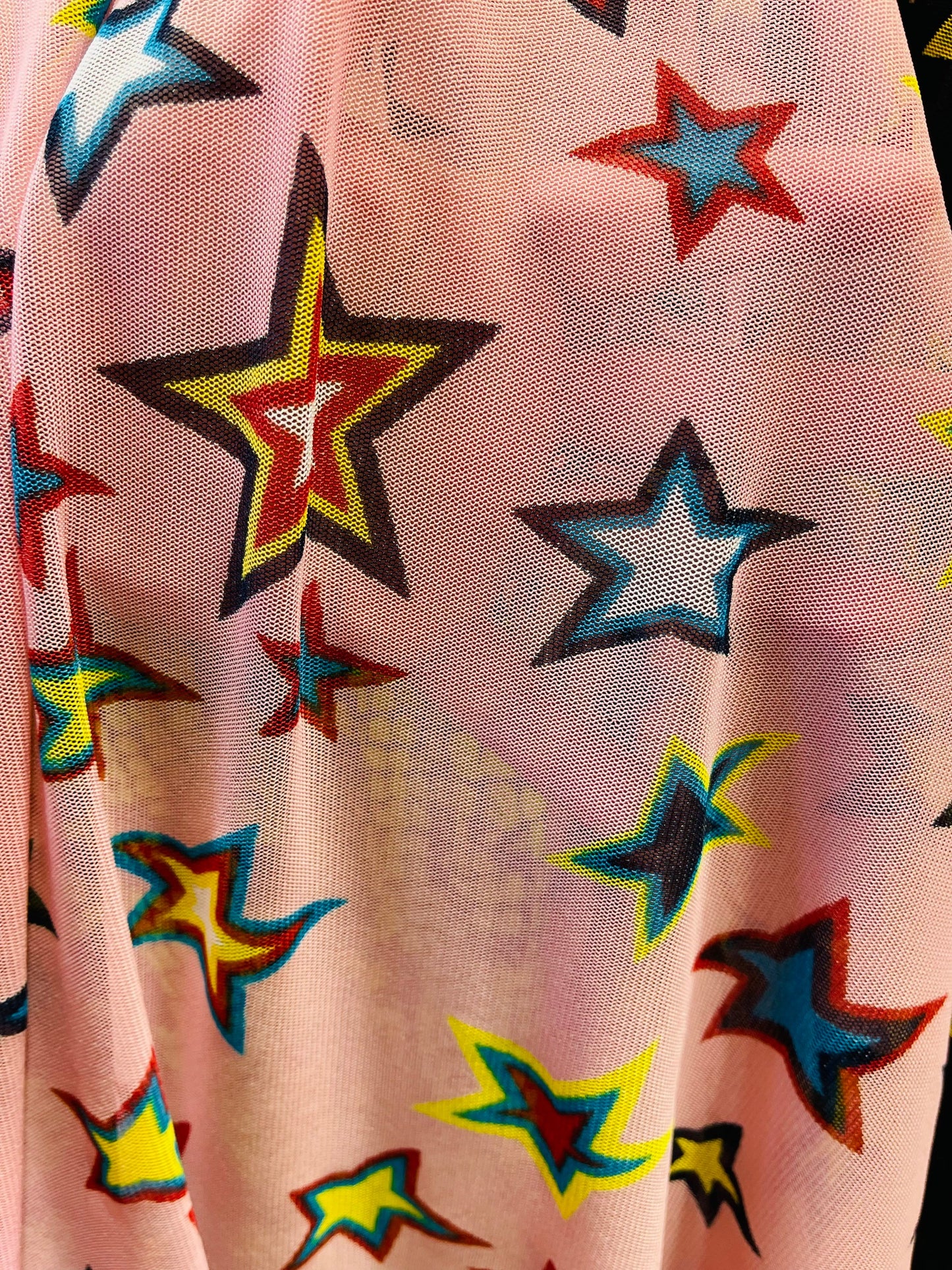 New Stars design multicolor print on great quality of poly mesh 4-way stretch 58/60” Sold by the YD. Ships Worldwide from Los Angeles CA