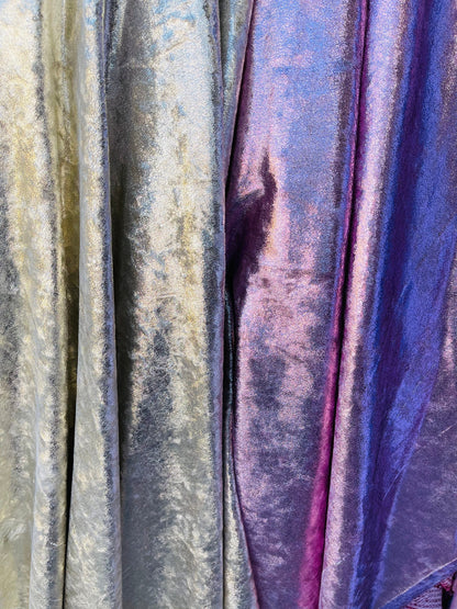 New Luxury shimmer foiled velvet 4-way stretch 58/60” Sold by the YD. Ships Worldwide from Los Angeles California USA.