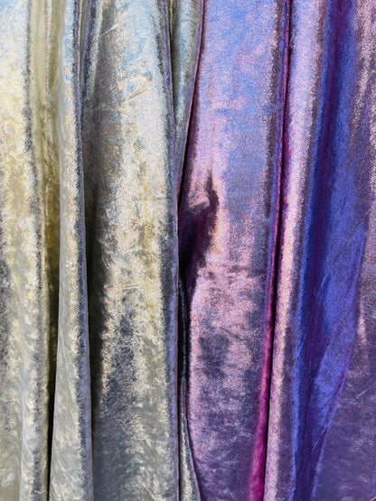 New Luxury shimmer foiled velvet 4-way stretch 58/60” Sold by the YD. Ships Worldwide from Los Angeles California USA.