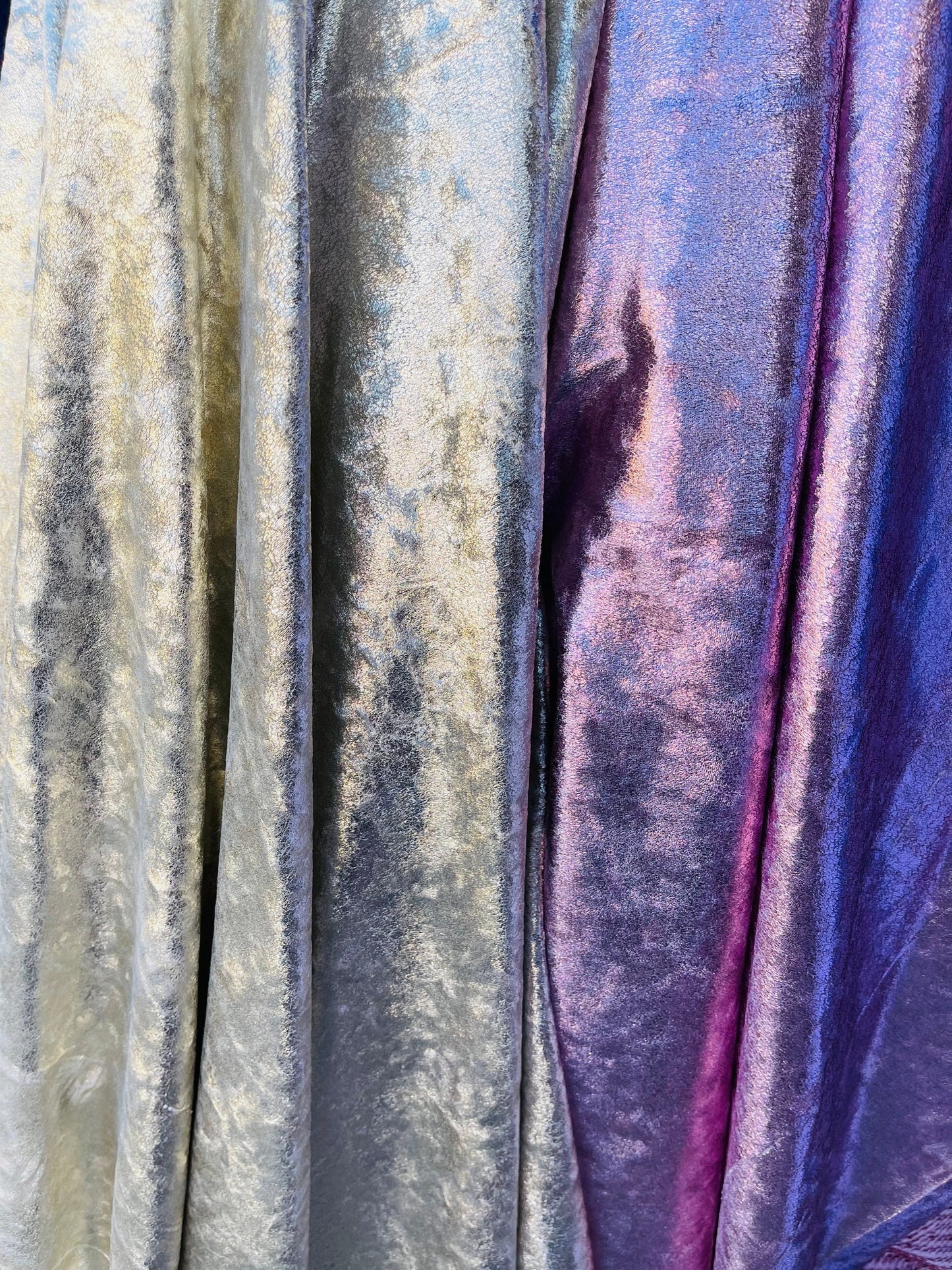 New Luxury shimmer foiled velvet 4-way stretch 58/60” Sold by the YD. Ships Worldwide from Los Angeles California USA.