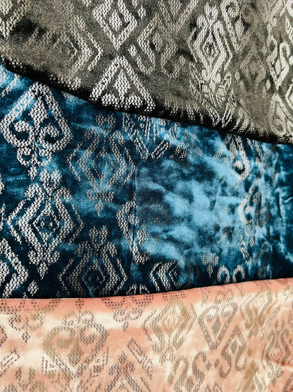 New modern design print on luxury stretch velvet 4-way stretch 58/60” Sold by the YD. Ships worldwide from Los Angeles California USA.