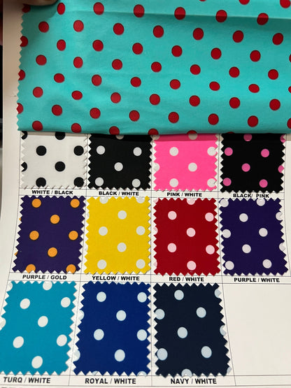 Polka dots design print of best quality of nylon spandex 4-way stretch 58/60” Sold by the YD. Ships worldwide from Los Angeles California US