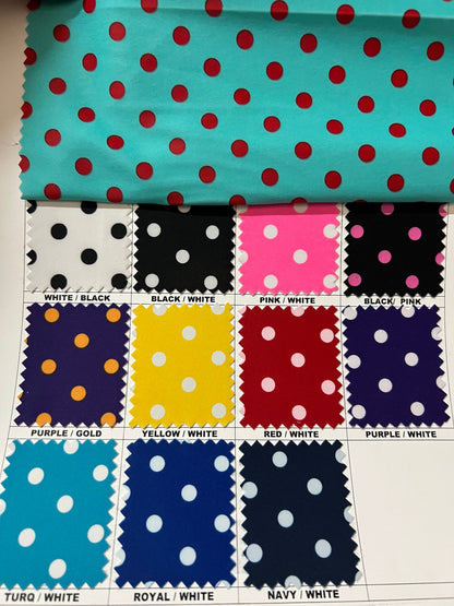 Polka dots design print of best quality of nylon spandex 4-way stretch 58/60” Sold by the YD. Ships worldwide from Los Angeles California US