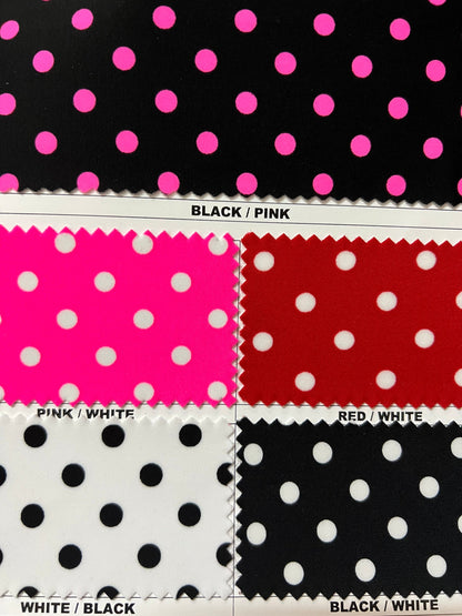 Polka dots design print of best quality of nylon spandex 4-way stretch 58/60” Sold by the YD. Ships worldwide from Los Angeles California US