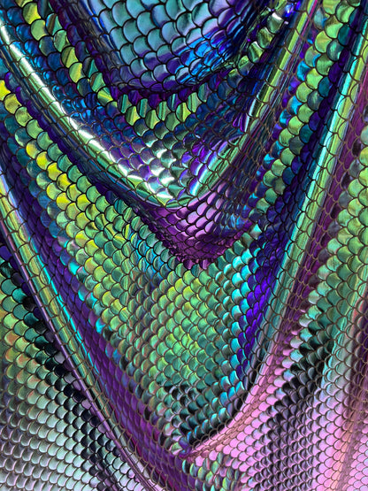 Mermaid design Iridescent green/blue/purple 4-way stretch 58/60” Sold by the YD. Ships worldwide from Los Angeles California USA