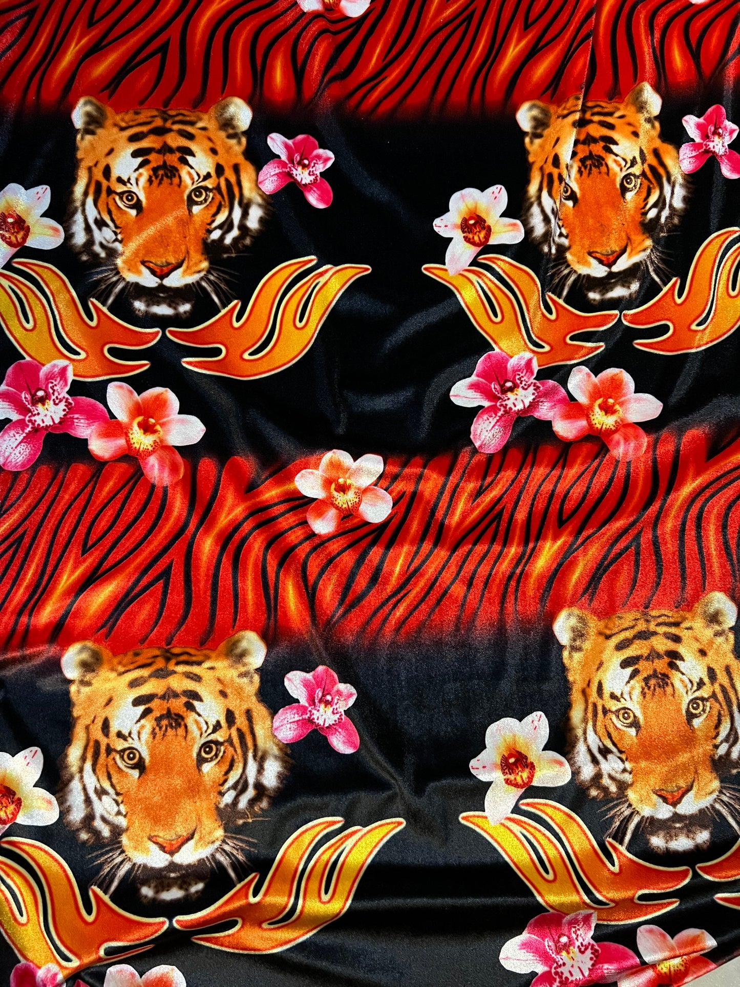 Tiger design Exotic animal print on best quality of stretch velvet 4-way stretch 58/60” Sold by the YD. Ships worldwide from Los Angeles CA