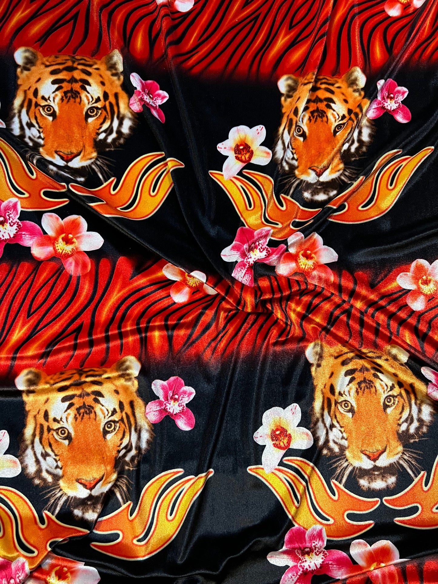 Tiger design Exotic animal print on best quality of stretch velvet 4-way stretch 58/60” Sold by the YD. Ships worldwide from Los Angeles CA