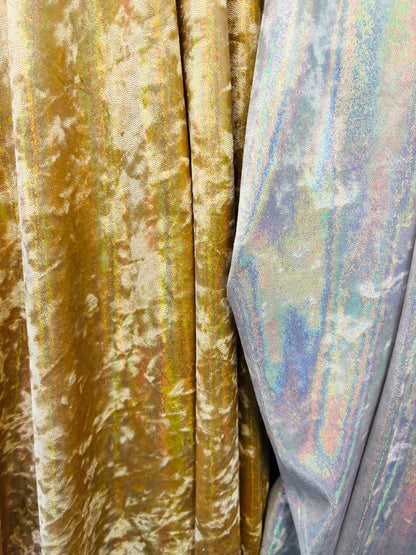 New Luxury oil slick foiled shimmer velvet 4-way stretch 58/60” Sold by the YD. Ships Worldwide from Los Angeles California USA.