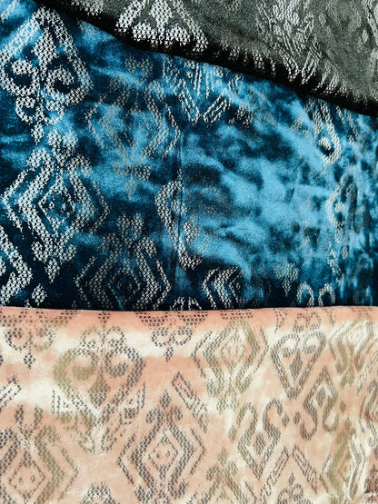 New modern design print on luxury stretch velvet 4-way stretch 58/60” Sold by the YD. Ships worldwide from Los Angeles California USA.