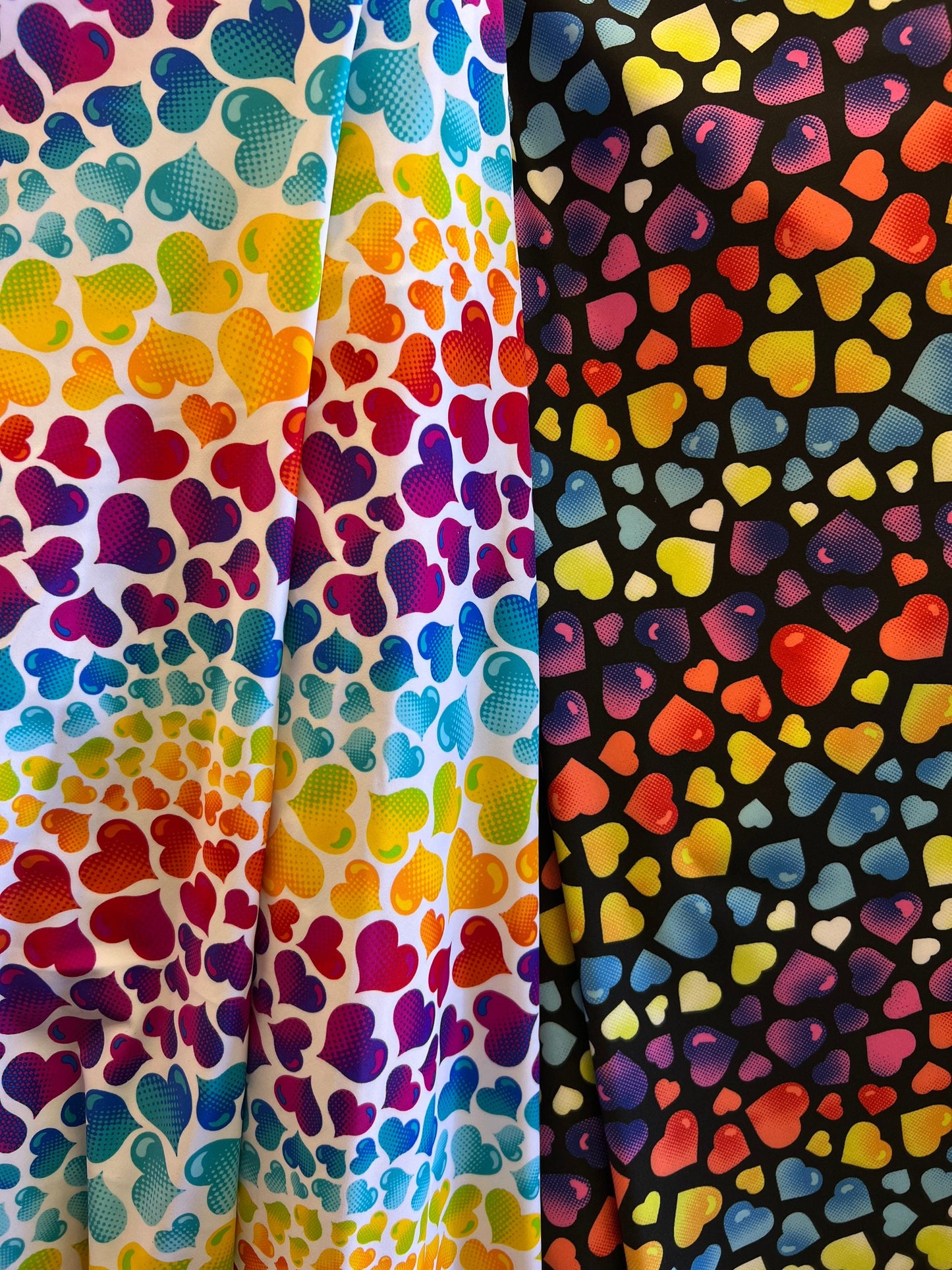 Hearts design multicolor print on great quality of nylon spandex 4-way stretch 58/60” Sold by the YD. Ships Worldwide from Los Ángeles CA US