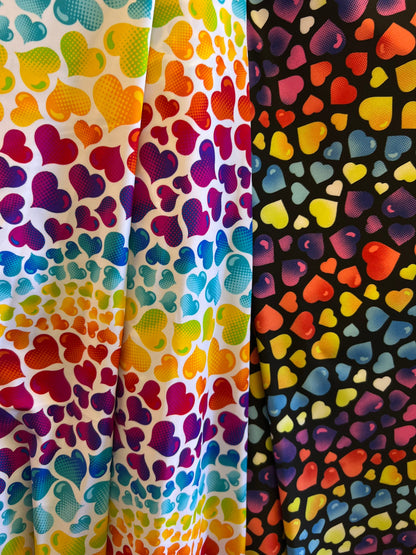 Hearts design multicolor print on great quality of nylon spandex 4-way stretch 58/60” Sold by the YD. Ships Worldwide from Los Ángeles CA US