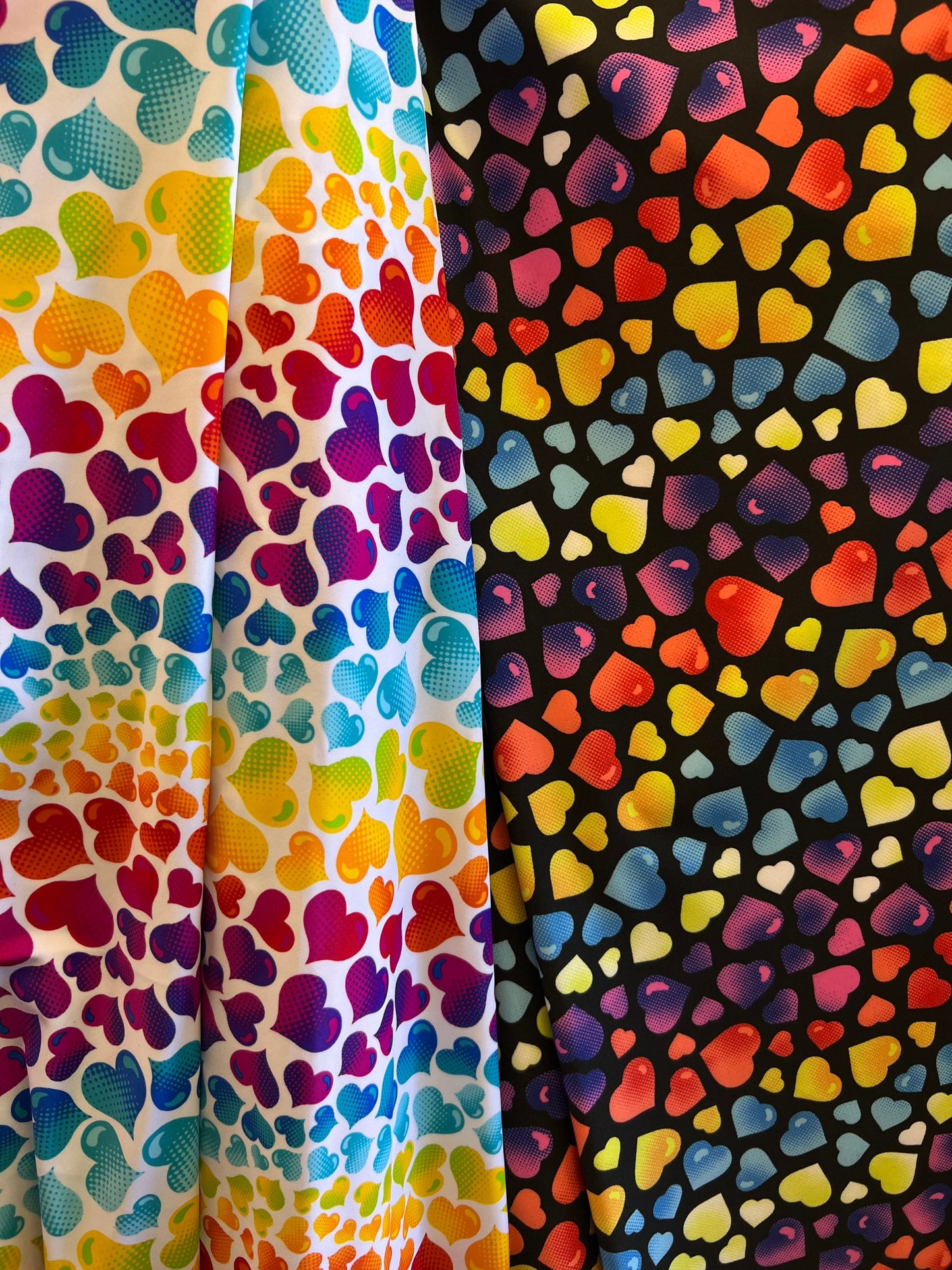 Hearts design multicolor print on great quality of nylon spandex 4-way stretch 58/60” Sold by the YD. Ships Worldwide from Los Ángeles CA US