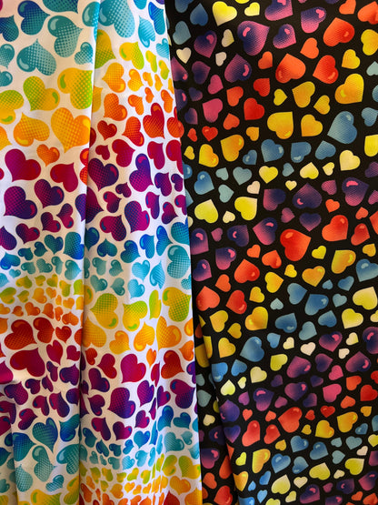 Hearts design multicolor print on great quality of nylon spandex 4-way stretch 58/60” Sold by the YD. Ships Worldwide from Los Ángeles CA US