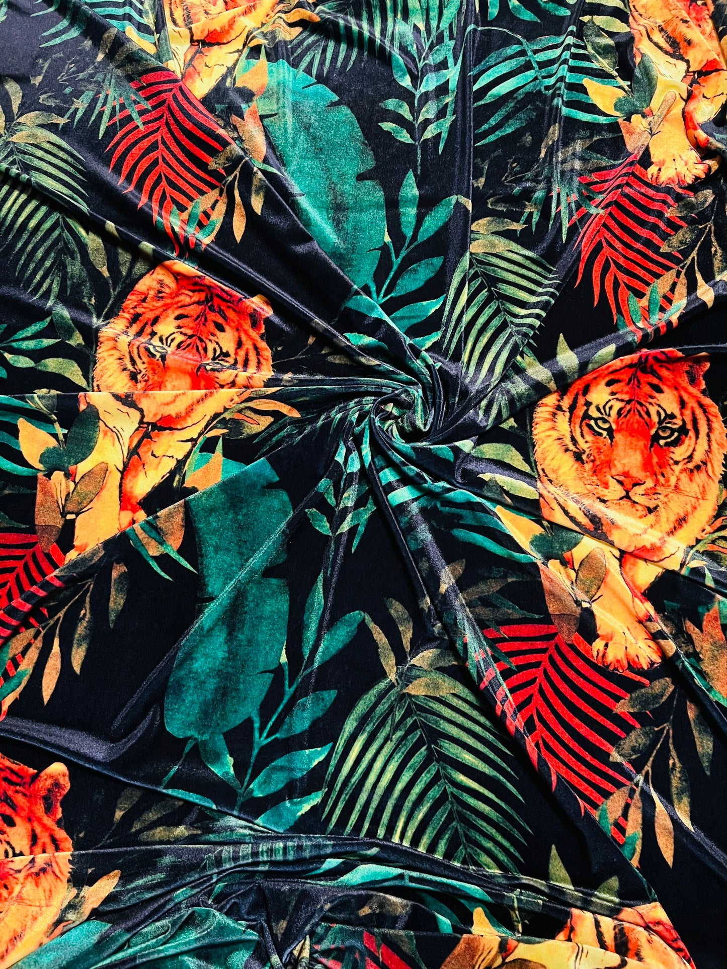 Exotic Tiger design print on great quality of stretch velvet 4-way stretch 58/60” Sold by the YD. Ships worldwide from Los Angeles CA USA