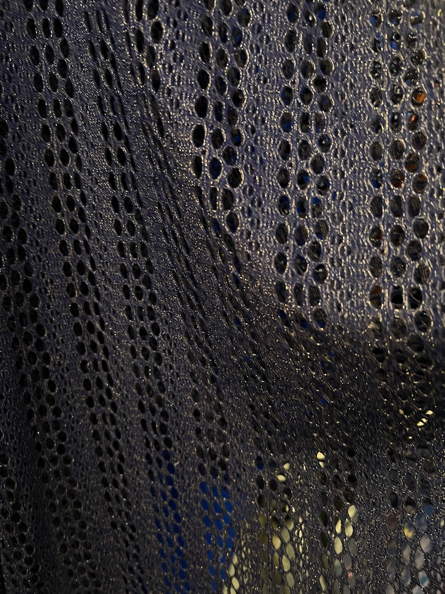 New Metallic Fishnet Lace Navy/Gold 2-way stretch 58/60” Sold by the YD. Ships Worldwide from Los Angeles California USA.