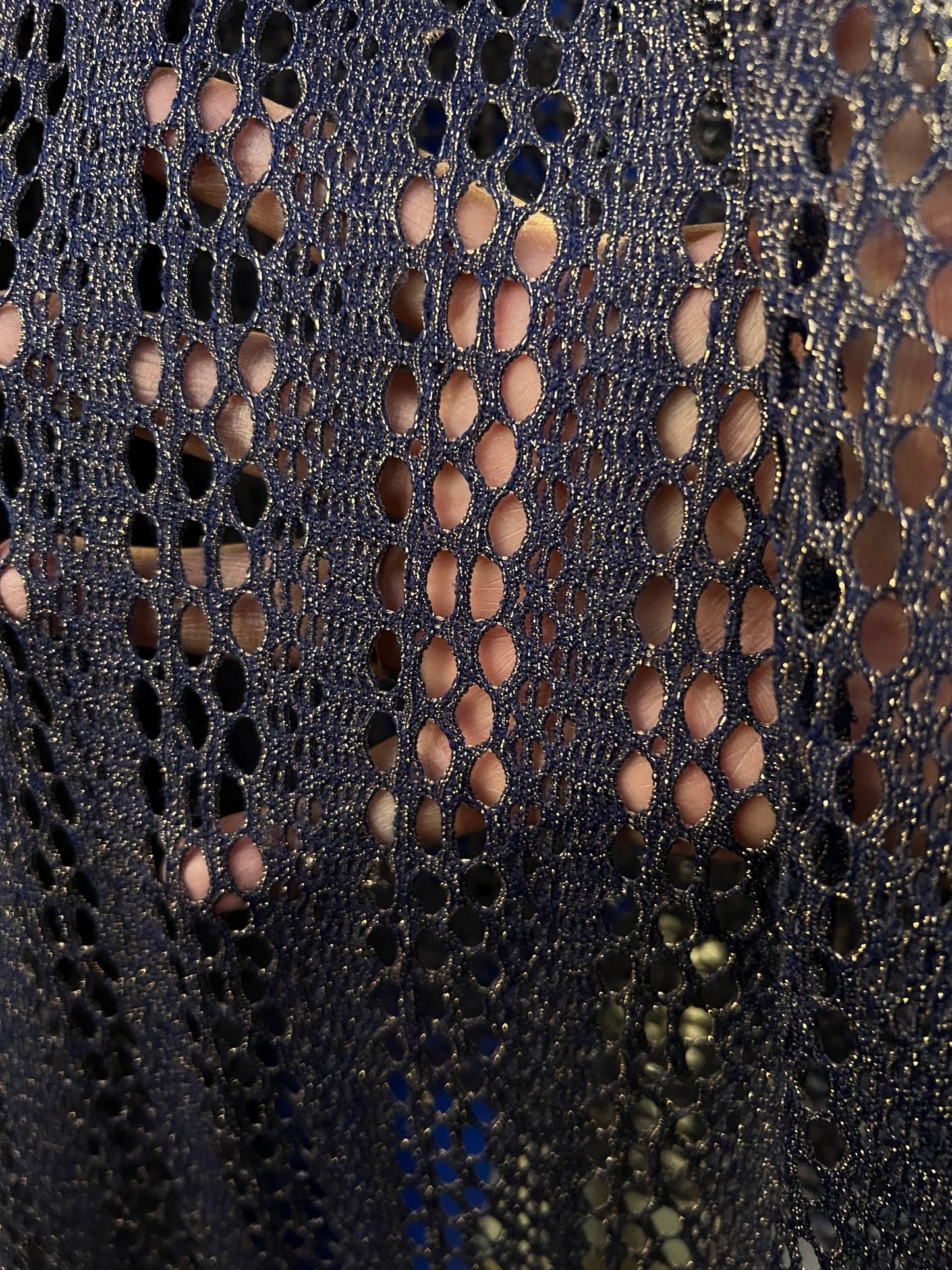 New Metallic Fishnet Lace Navy/Gold 2-way stretch 58/60” Sold by the YD. Ships Worldwide from Los Angeles California USA.