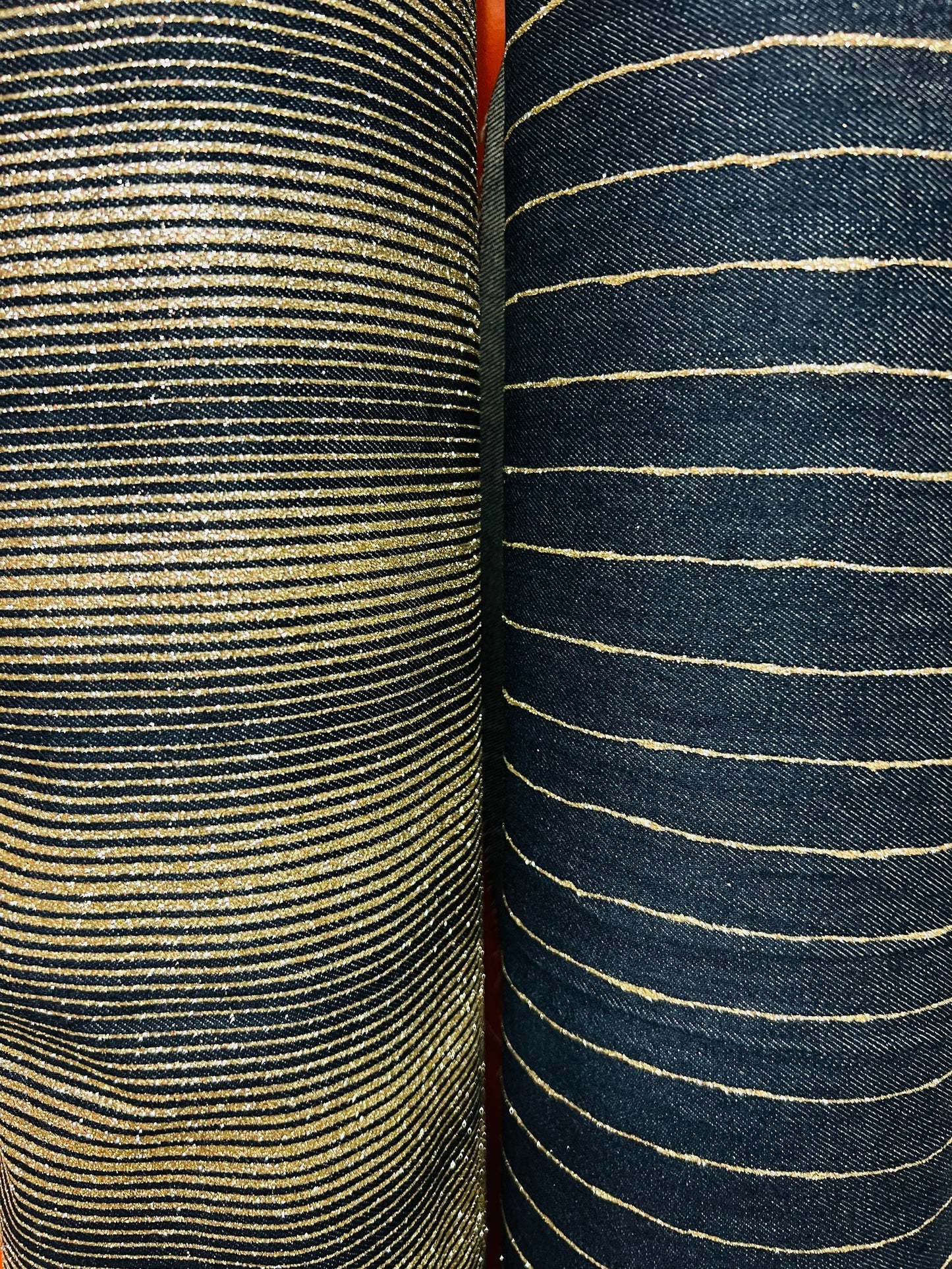 New Metallic denim Jlo design striped with gold glitter Non stretch 58/60” Sold by the YD. Ships Worldwide from Los Angeles California USA.