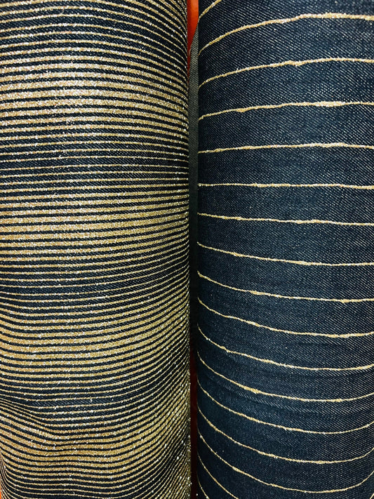 New Metallic denim Jlo design striped with gold glitter Non stretch 58/60” Sold by the YD. Ships Worldwide from Los Angeles California USA.