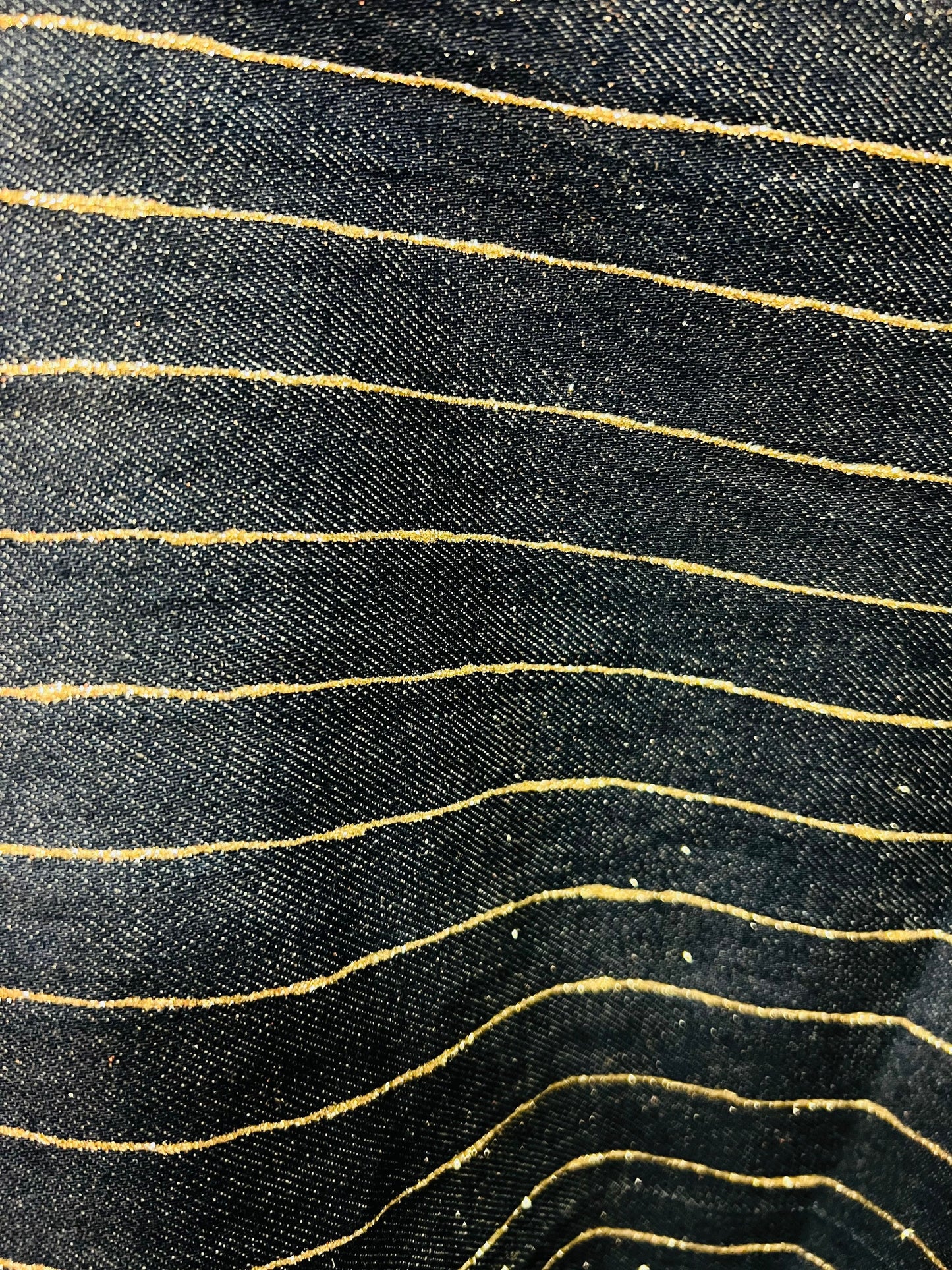 New Metallic denim Jlo design striped with gold glitter Non stretch 58/60” Sold by the YD. Ships Worldwide from Los Angeles California USA.