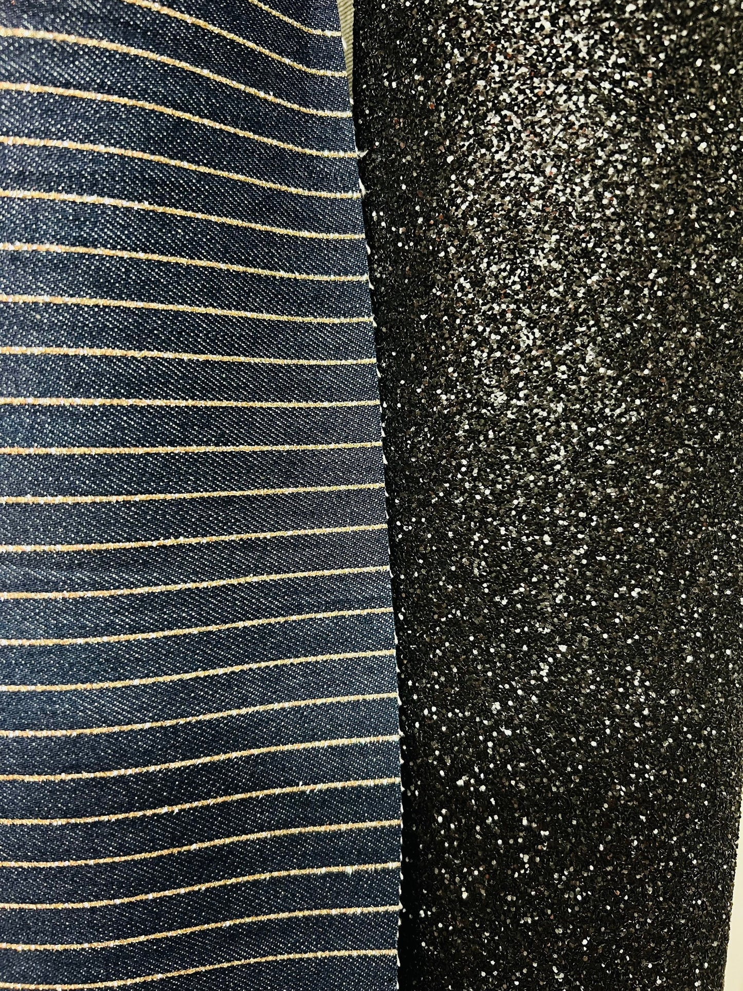 Luxury metallic denim striped design and black broken glass all over non stretch 58/60” Sold by the YD. Ships Worldwide from Los Angeles CA