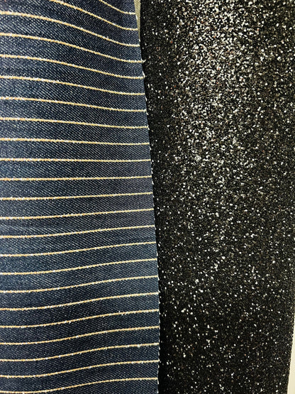 Luxury metallic denim striped design and black broken glass all over non stretch 58/60” Sold by the YD. Ships Worldwide from Los Angeles CA