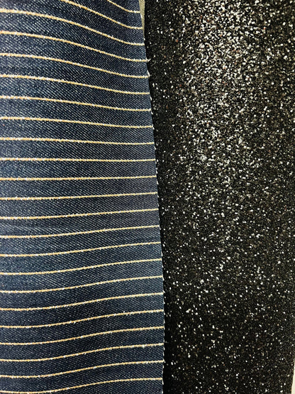 Luxury metallic denim striped design and black broken glass all over non stretch 58/60” Sold by the YD. Ships Worldwide from Los Angeles CA