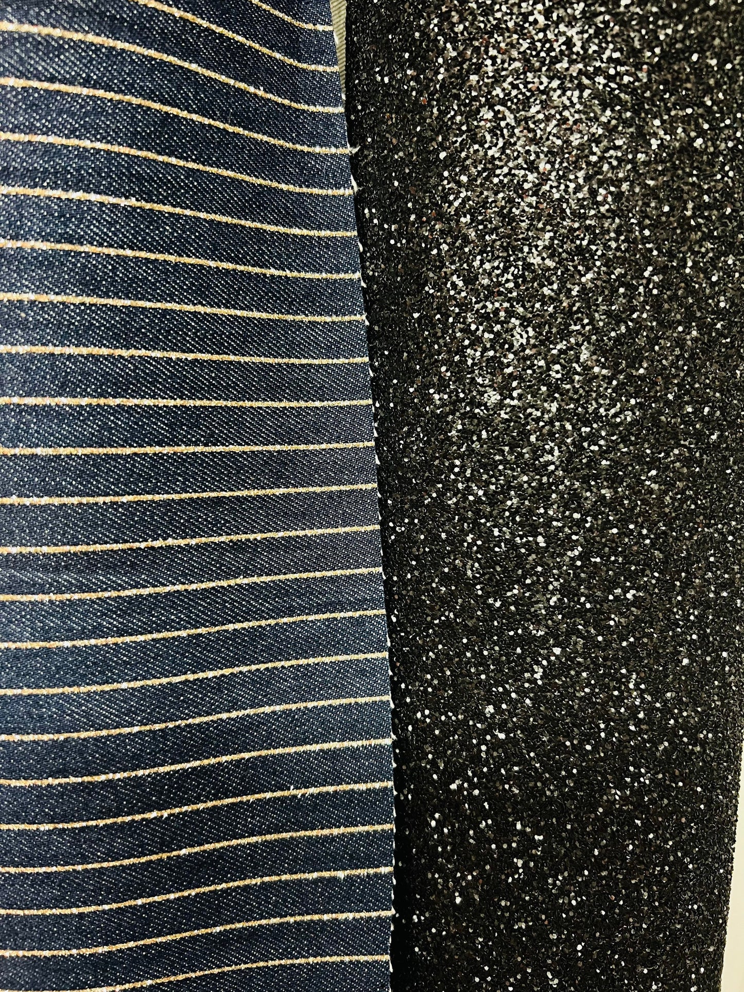 Luxury metallic denim striped design and black broken glass all over non stretch 58/60” Sold by the YD. Ships Worldwide from Los Angeles CA