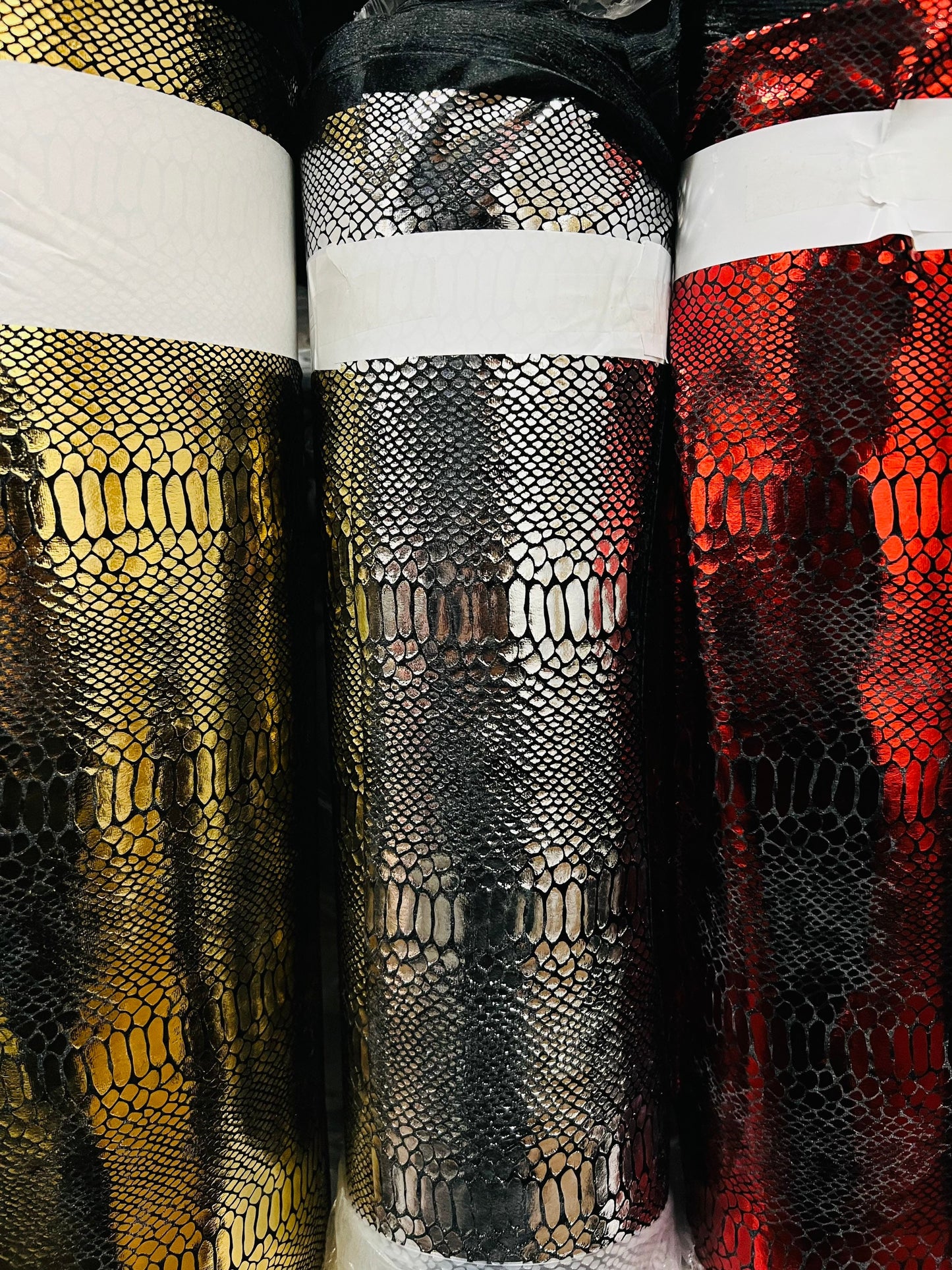 New Snake velvet 4-way stretch velvet with shiny foil 58/60” Sold by the YD. Ships Worldwide from Los Angeles California USA.