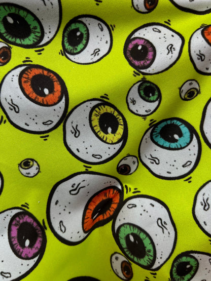 New Multicolor Falling Eyeballs design print on poly spandex 4-way stretch 58/60” Sold by the YD. Ships Worldwide from Los Angeles CA