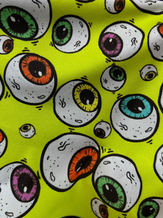 New Multicolor Falling Eyeballs design print on poly spandex 4-way stretch 58/60” Sold by the YD. Ships Worldwide from Los Angeles CA