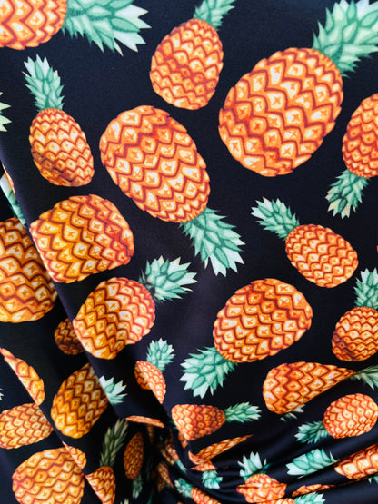 Pineapple design print on poly spandex 4-way stretch 58/60” Sold by the YD. Ships Worldwide from Los Angeles California USA