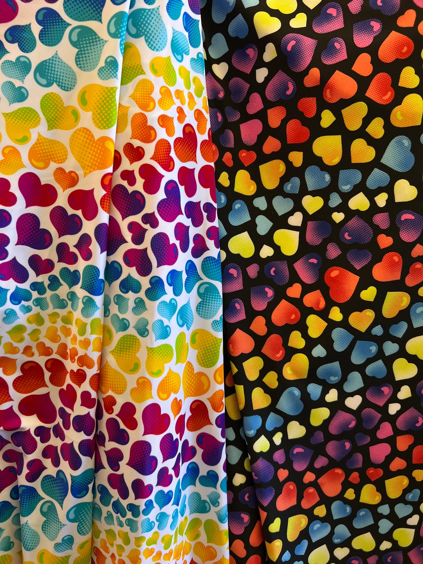 Hearts design multicolor print on great quality of nylon spandex 4-way stretch 58/60” Sold by the YD. Ships Worldwide from Los Ángeles CA US