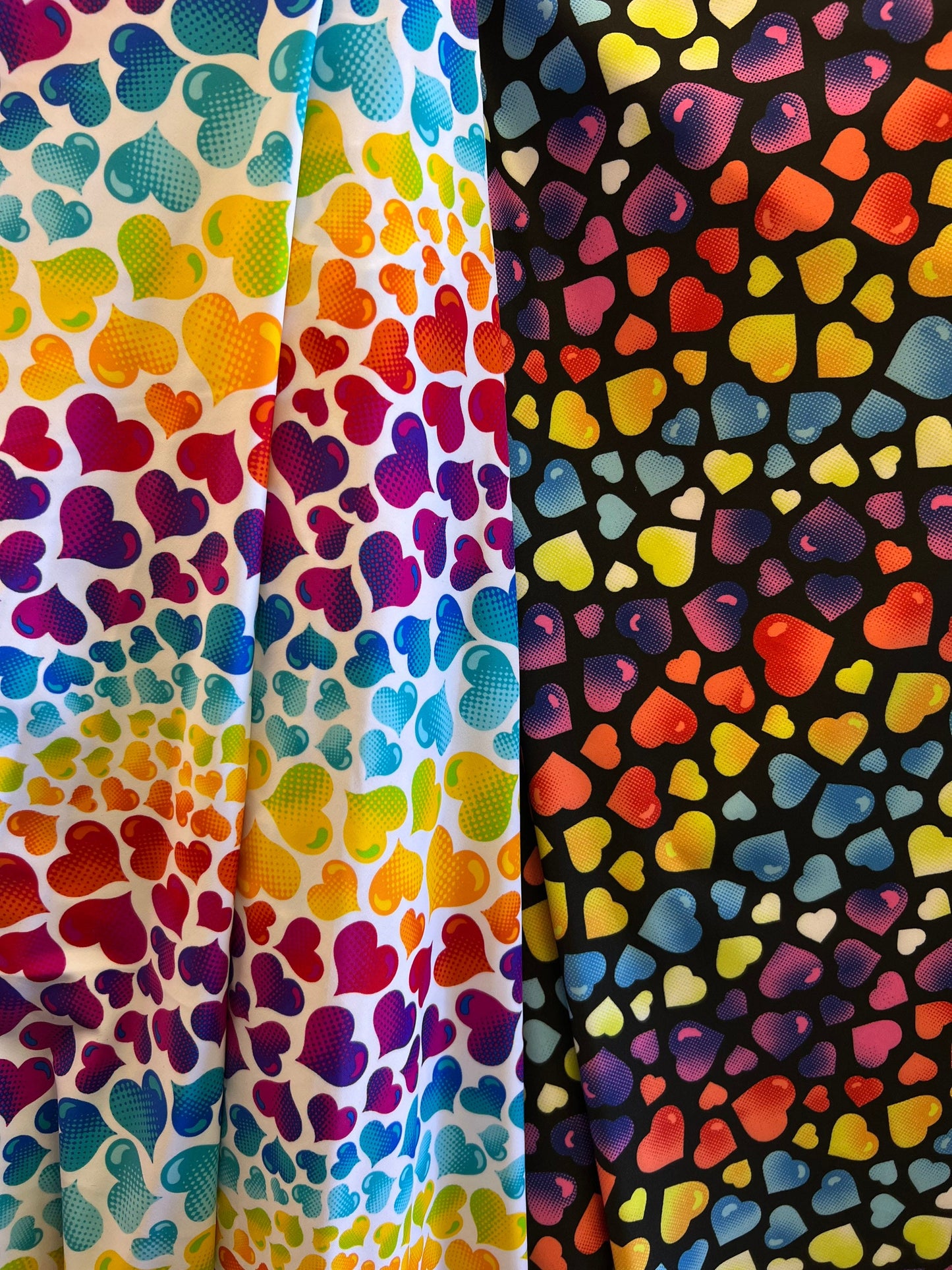 Hearts design multicolor print on great quality of nylon spandex 4-way stretch 58/60” Sold by the YD. Ships Worldwide from Los Ángeles CA US