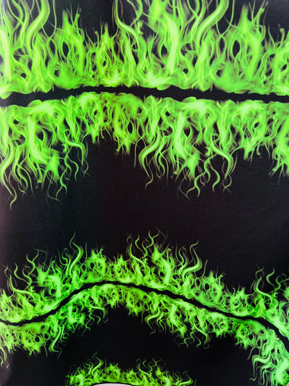 Flames design Black/Green print on great quality of nylon spandex 4-way stretch 58/60” Sold by the YD. Ships Worldwide from Los Ángeles CA