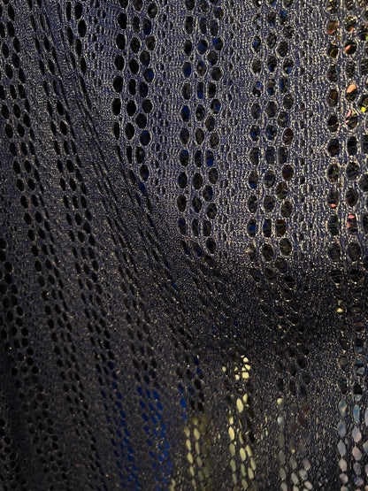 New Metallic Fishnet Lace Navy/Gold 2-way stretch 58/60” Sold by the YD. Ships Worldwide from Los Angeles California USA.