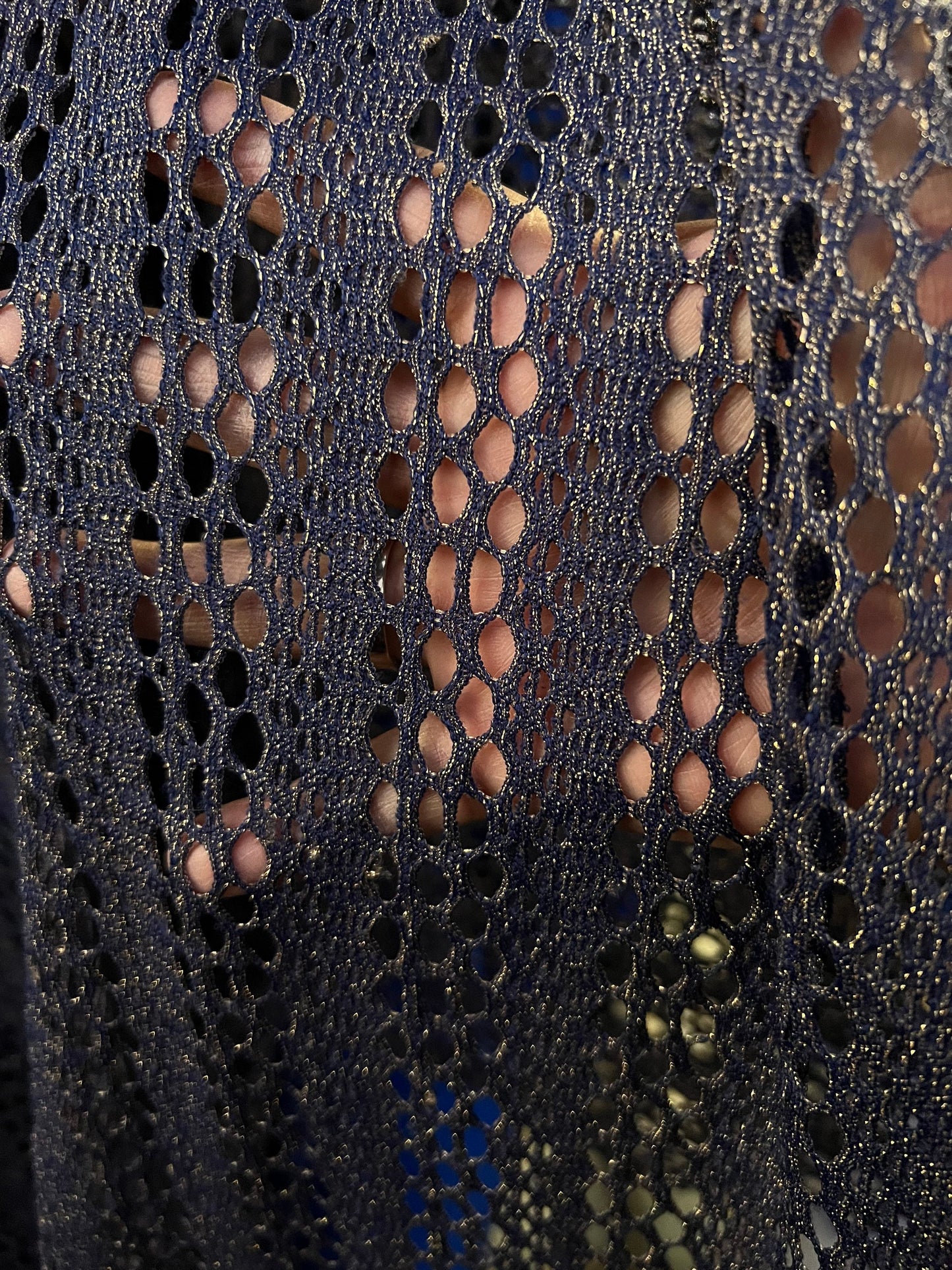 New Metallic Fishnet Lace Navy/Gold 2-way stretch 58/60” Sold by the YD. Ships Worldwide from Los Angeles California USA.