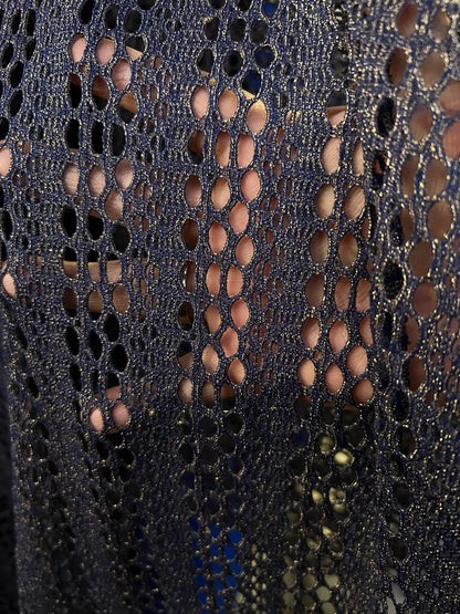 New Metallic Fishnet Lace Navy/Gold 2-way stretch 58/60” Sold by the YD. Ships Worldwide from Los Angeles California USA.