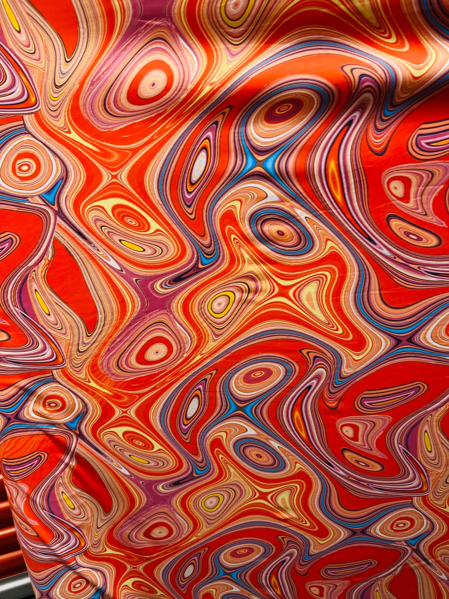 New abstract design Rust multicolor print on nylon spandex 4-way stretch 58/60” Sold by the YD. Ships Worldwide from Los Angeles California