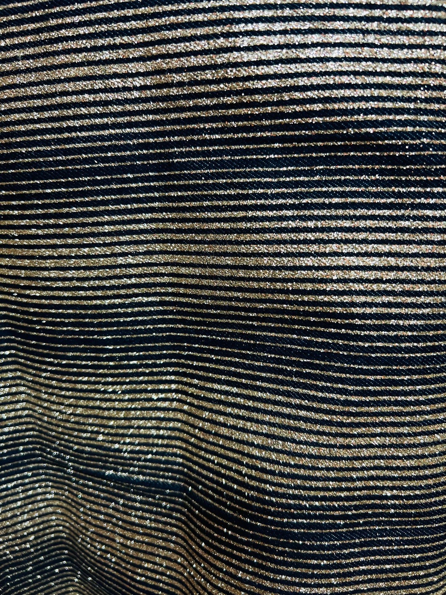 New Metallic denim Jlo design striped with gold glitter Non stretch 58/60” Sold by the YD. Ships Worldwide from Los Angeles California USA.