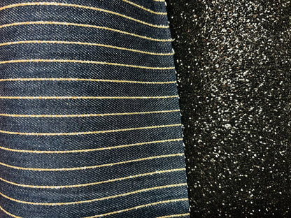 Luxury metallic denim striped design and black broken glass all over non stretch 58/60” Sold by the YD. Ships Worldwide from Los Angeles CA