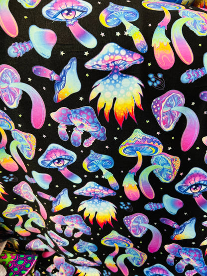 New Magic Mushrooms design print on great quality of nylon spandex 4-way stretch 58/60” Sold by the YD. Ships Worldwide from Los Angeles Cal