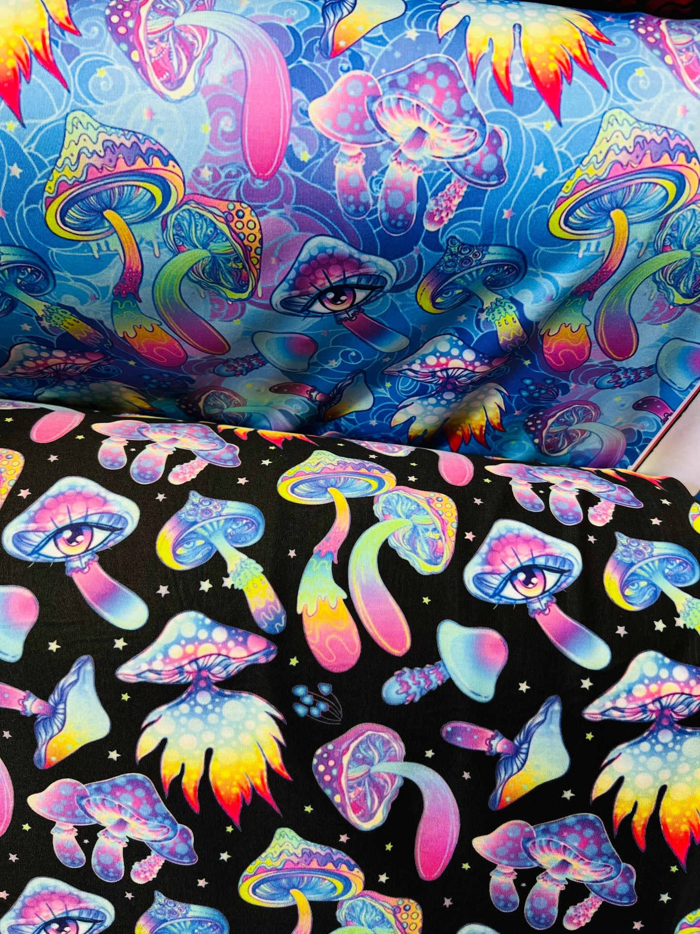 New Magic Mushrooms design print on great quality of nylon spandex 4-way stretch 58/60” Sold by the YD. Ships Worldwide from Los Angeles Cal