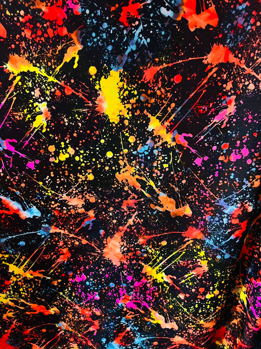 New splatter paint design Black/Multicolor print on nylon spandex 4-way stretch 58/60” Sold by the YD. Ships worldwide from Los Angeles Cali