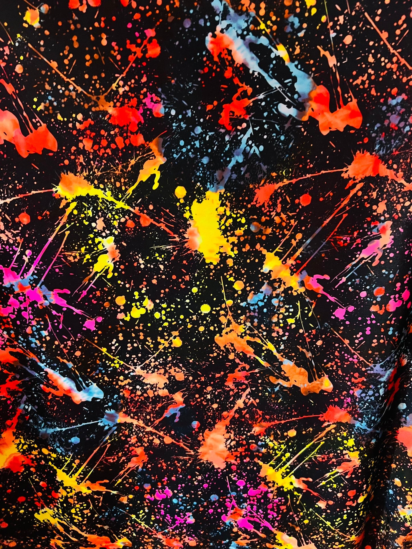 New splatter paint design Black/Multicolor print on nylon spandex 4-way stretch 58/60” Sold by the YD. Ships worldwide from Los Angeles Cali