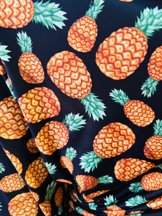 Pineapple design print on poly spandex 4-way stretch 58/60” Sold by the YD. Ships Worldwide from Los Angeles California USA