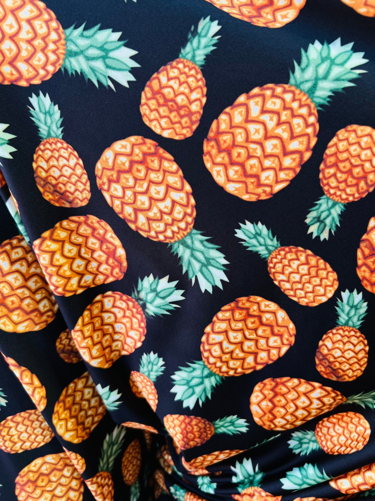 Pineapple design print on poly spandex 4-way stretch 58/60” Sold by the YD. Ships Worldwide from Los Angeles California USA