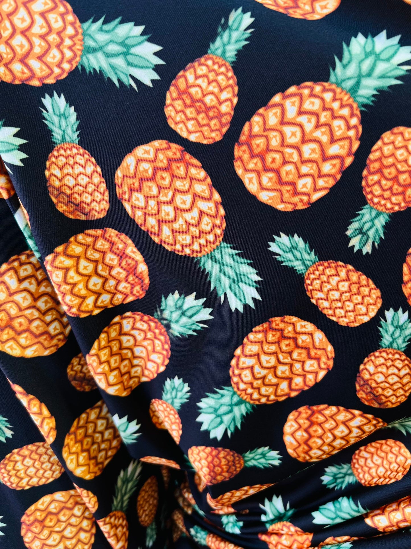 Pineapple design print on poly spandex 4-way stretch 58/60” Sold by the YD. Ships Worldwide from Los Angeles California USA