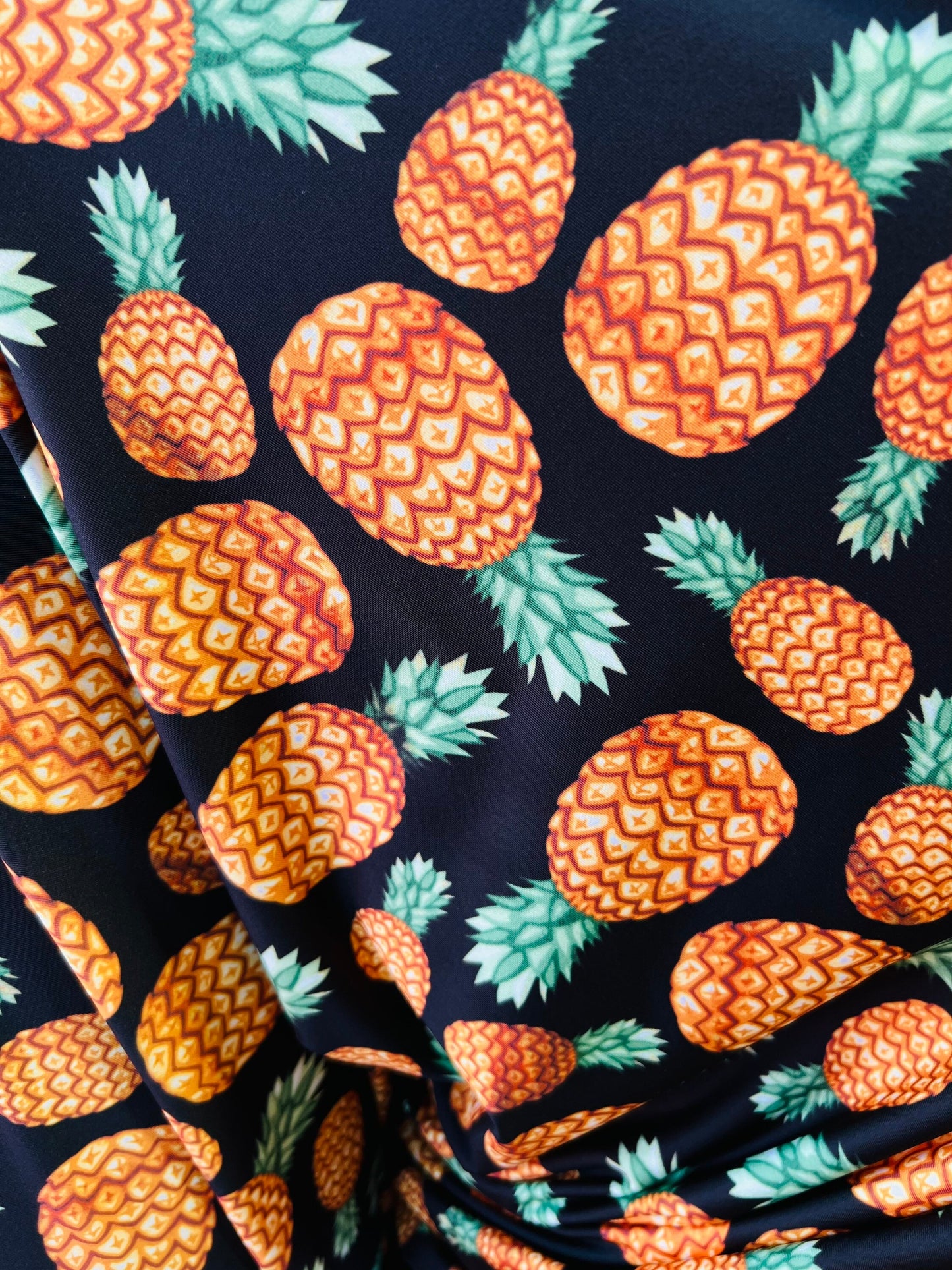 Pineapple design print on poly spandex 4-way stretch 58/60” Sold by the YD. Ships Worldwide from Los Angeles California USA