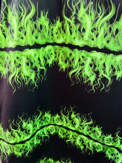 Flames design Black/Green print on great quality of nylon spandex 4-way stretch 58/60” Sold by the YD. Ships Worldwide from Los Ángeles CA