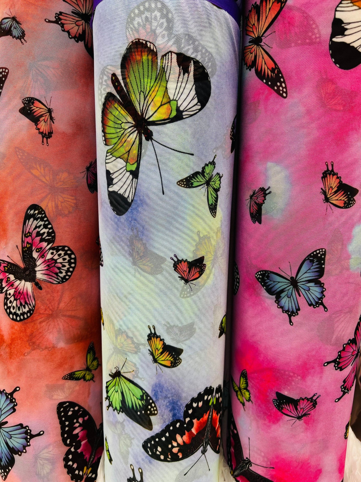 Butterfly design Multicolor print on best quality of nylon power mesh  4-way stretch 58/60” Sold by the YD. Ships Worldwide from